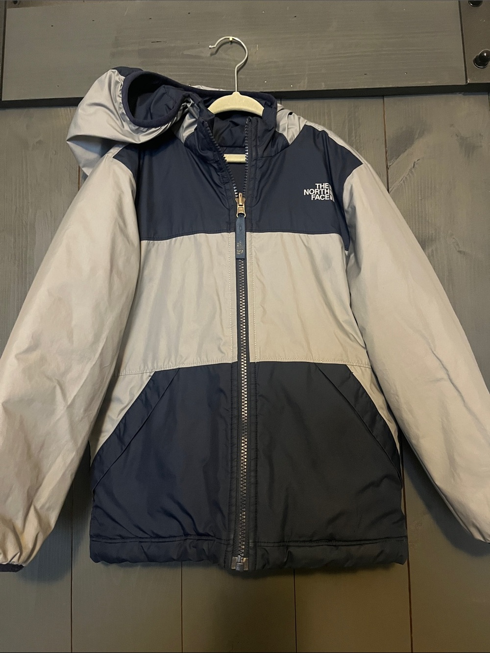 The North Face Kids Navy and Light Gray Hooded Puffer Jacket
